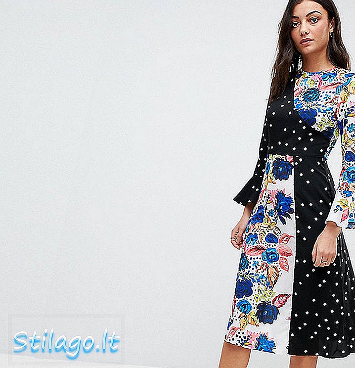 ASOS TALL Spot und Floral Midi Kleid mit geriffeltem Sleeve-Multi