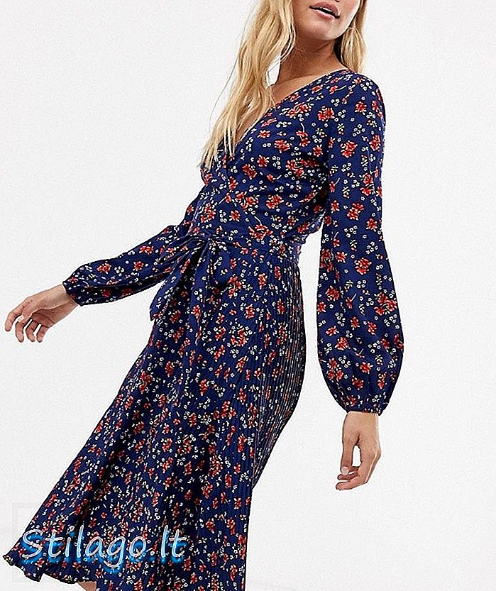 Vestido midi com cinto com saia plissada e influência floral - Azul marinho