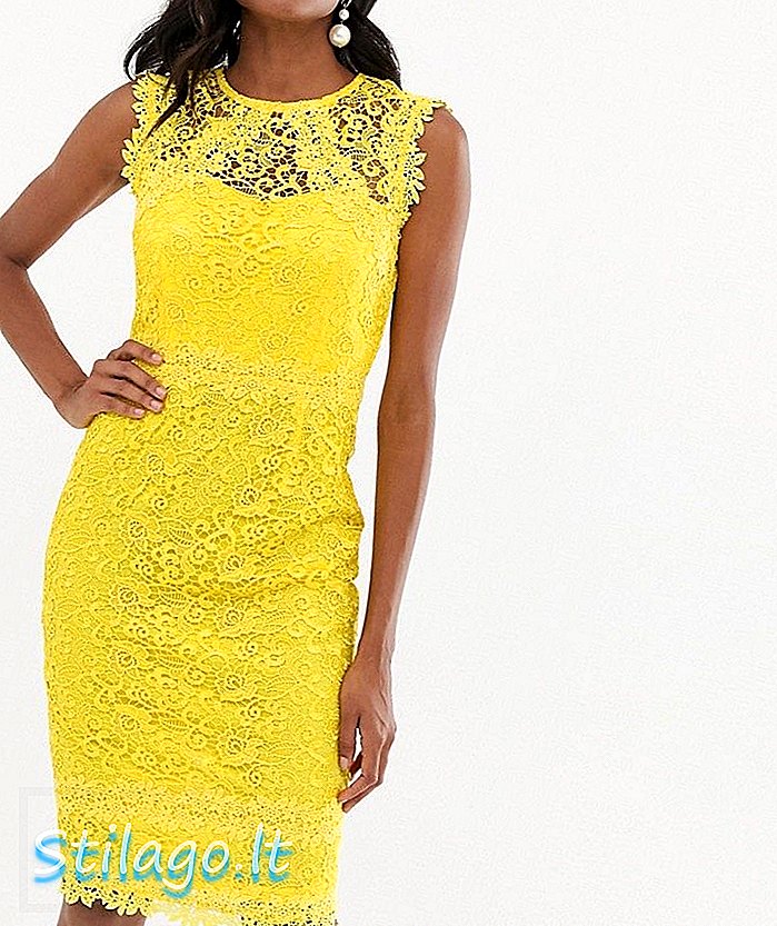 레몬-노란색 크로 셰 장식의 페이퍼 인형 레이스 미디 드레스