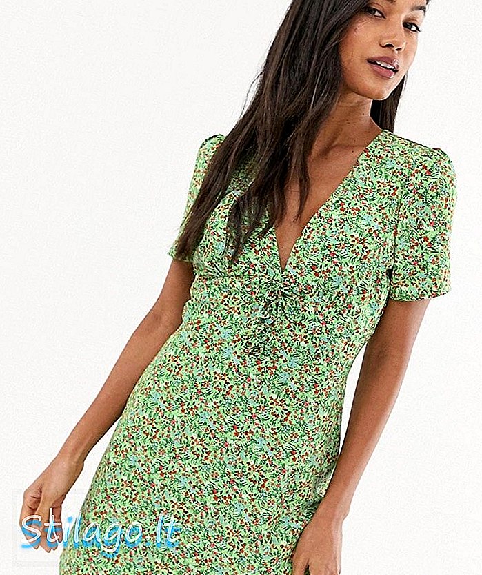 Модное мини-платье спереди с галстуком в цветочно-зеленом цвете.