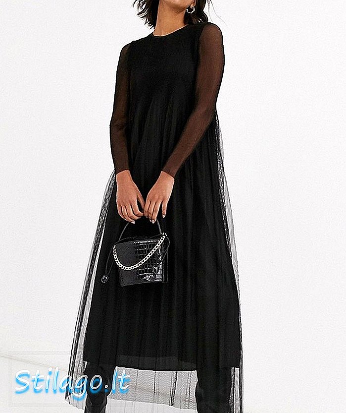 Y.A.S pleated tule sheer maxi dress-Black