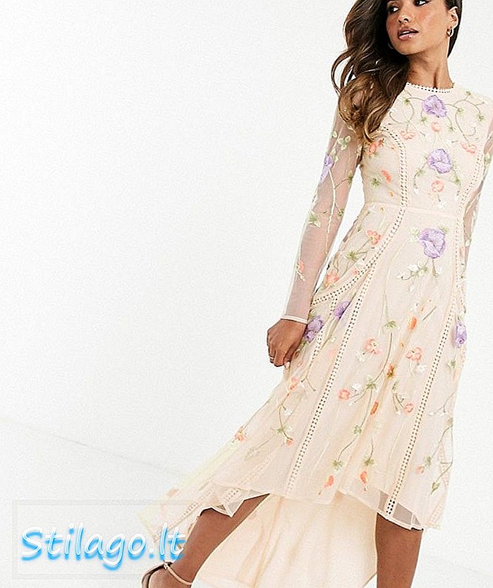 ASOS DESIGN μεσαίο φόρεμα με στρίφωμα με λουλούδια και κεντήματα με δαντέλα-Multi