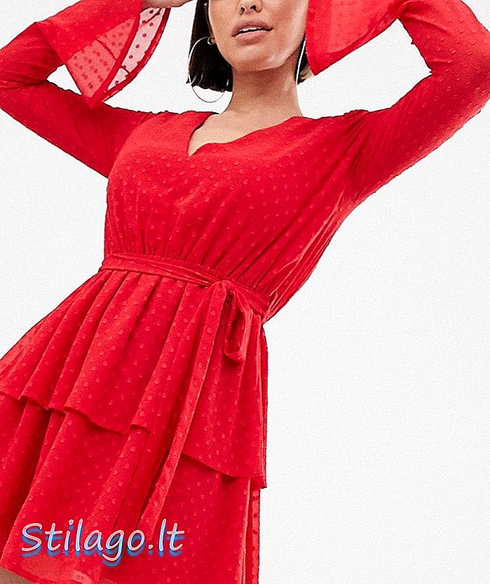PrettyLittleThing скейт рокля с v-образно деколте и елегантни детайли в червена мрежичка dobby
