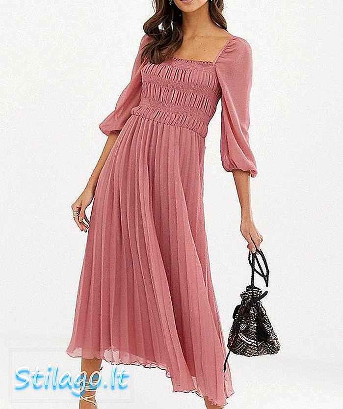 아 소스 디자인 주름 주름 미디 드레스 핑크