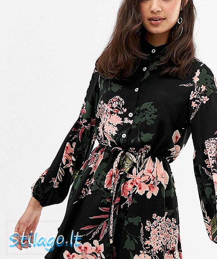 Paris yakasız gömlek elbise çiçek baskı-siyah