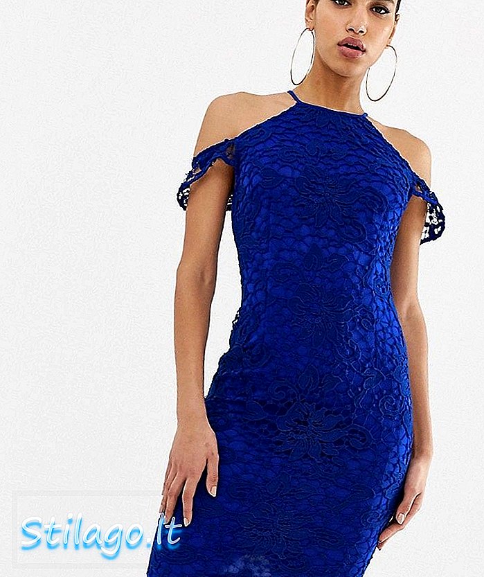 AX Paris yular boyun detaylı midi elbise-Mavi