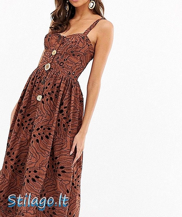 Випускне плаття ASOS DESIGN cami midi в пальмовому бродері з контрастною вишивкою - коричневе