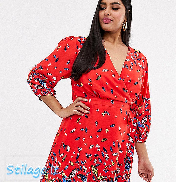 बटरफ्लाय प्रिंट-रेडमध्ये युमी प्लस रॅप ड्रेस