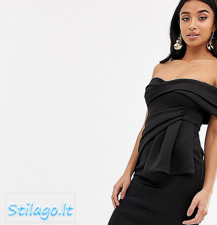 ASOS DESIGN Petite Bardot Fold Wrap Front 미디 펜슬 드레스-블랙