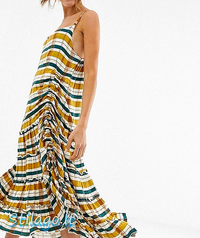 프릴 밑단과 체크 인 대형 미디 캐미 드레스