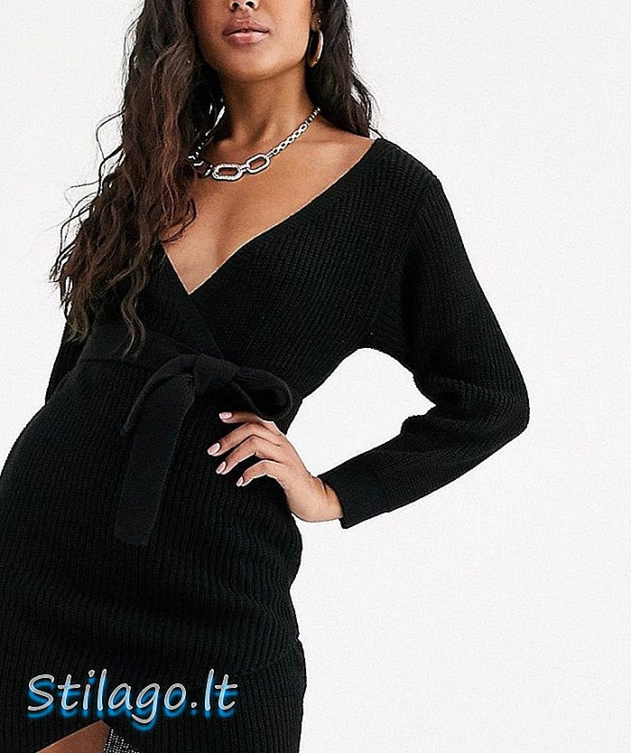 „Boohoo“ apvyniojama megztinio suknelė su juodos spalvos juosmeniu