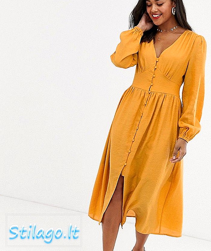 Гламурозна миди чајна хаљина са набораном сукњом-жута