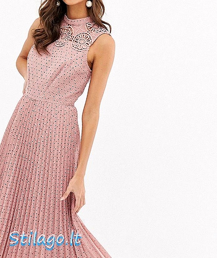 ASOS DESIGN plisowana sukienka midi z wysokim stanem, bez rękawów, z koronkowymi detalami - różowa