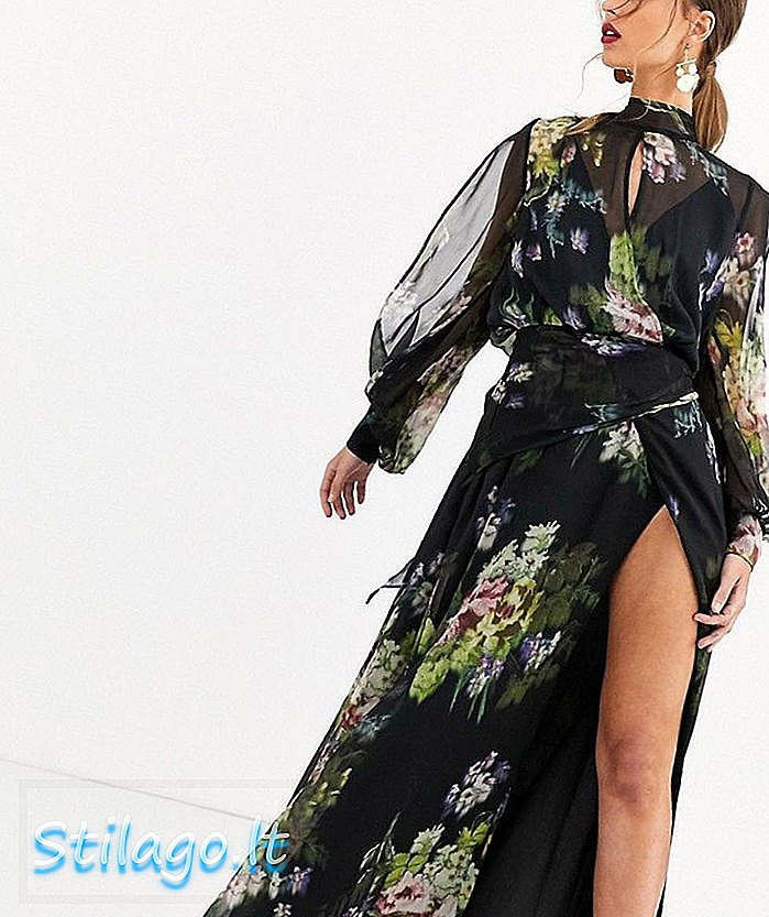 ASOS DESIGN rozkloszowana ciemna sukienka maxi w kwiatowy wzór-Multi