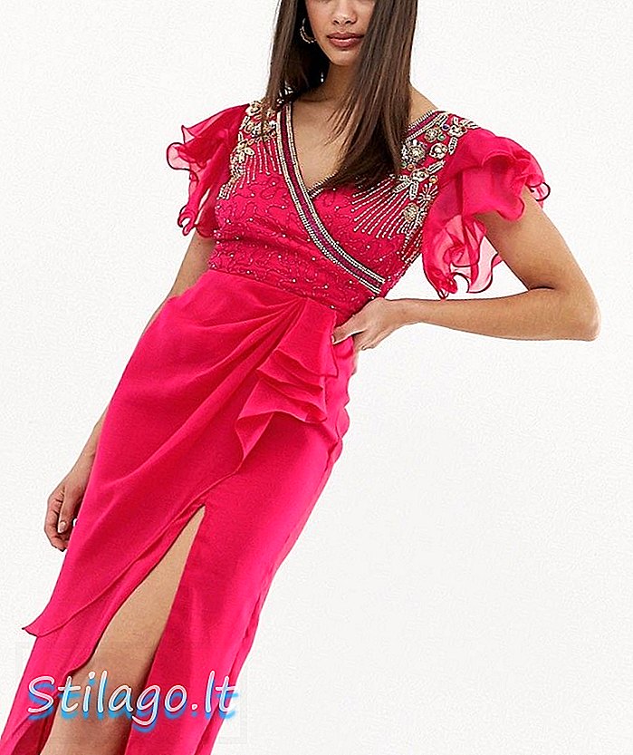 버 고스 라운지 임 벨리 시드 랩 프론트 프릴 슬리브 미디 드레스 핑크
