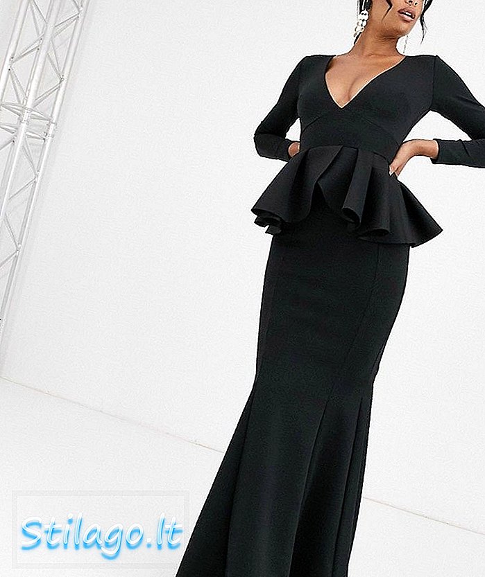 שמלת מקסי עם תווית שרוול ארוך בצבע סגול שחור ויולט עם פפלום בשחור