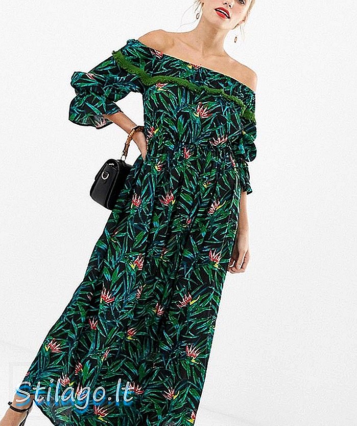 Liquorish bardotowa sukienka maxi z falbanką ze wzorem tropikalnym-Multi