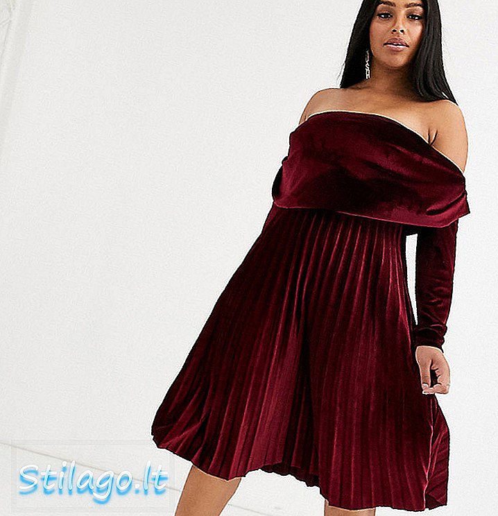 ASOS DESIGN فستان متوسط ​​الطول طويل منحنى مخمل باردو مخملي - أحمر