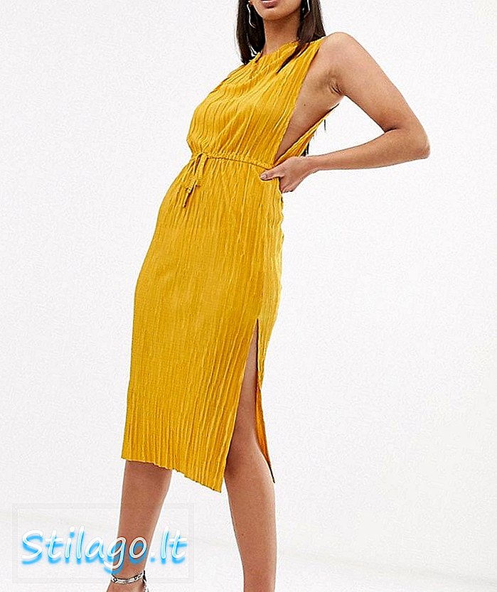 Sukienka midi plisowana ASOS DESIGN ze sznurkiem w pasie - żółta