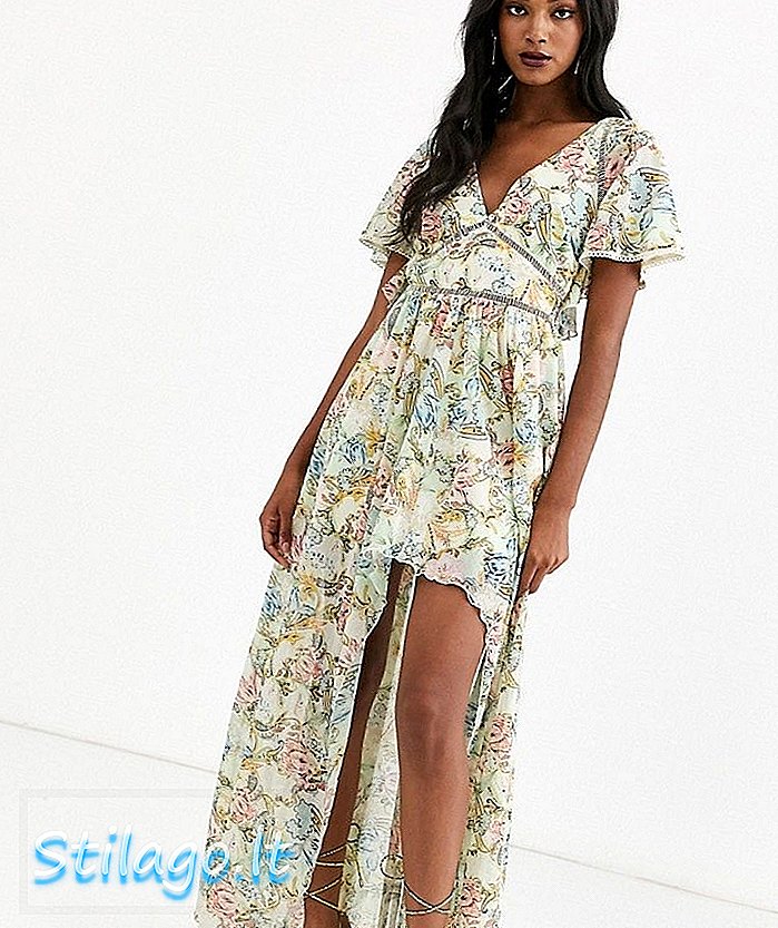 ASOS DESIGN maxi φόρεμα με φλοράλ τύπωμα τροπικού χρώματος και κορδόνια από δαντέλα-Multi
