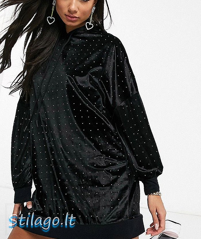 Rochie cu glugă din catifea ASOS DESIGN cu înfrumusețare hotfix-Negru
