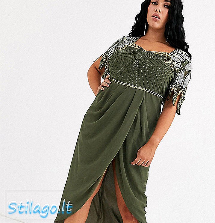 Virgos Lounge Plus drapere midi-kjole med skulderdetaljer i khaki-grønn