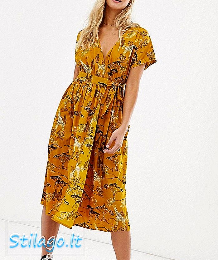 Επιρροή φόρεμα midi wrap σε σαφάρι εκτύπωσης-Κίτρινο