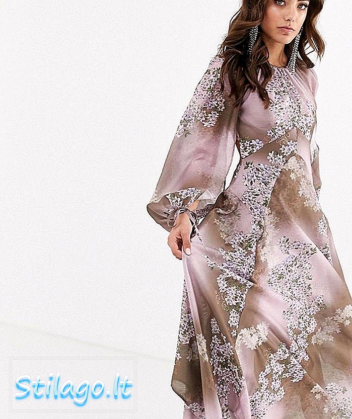 ASOS DESIGN שמלת מקסי עם שרוול ארוך מפוצל עם גב פתוח בהדפס פרחוני מוצב- Multi