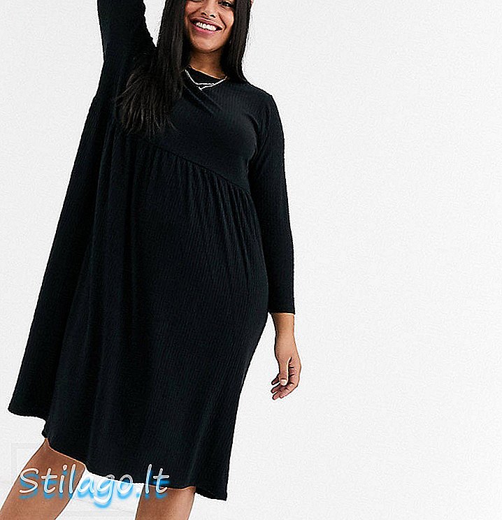 New Look Curve rebrované midi šaty s krátkym rukávom v čiernej farbe