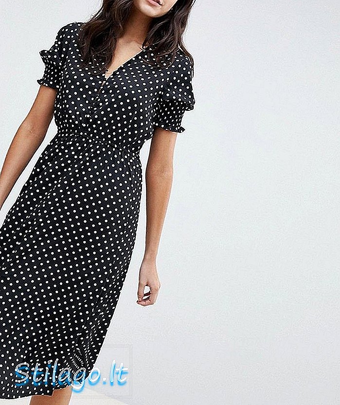 셔링 슬리브 폴카 도트 미디 드레스-블랙