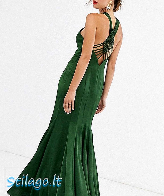 ASOS DESIGN maxi šaty s rybou sukňou a macrame zadnými detailmi v saténovo zelenej farbe