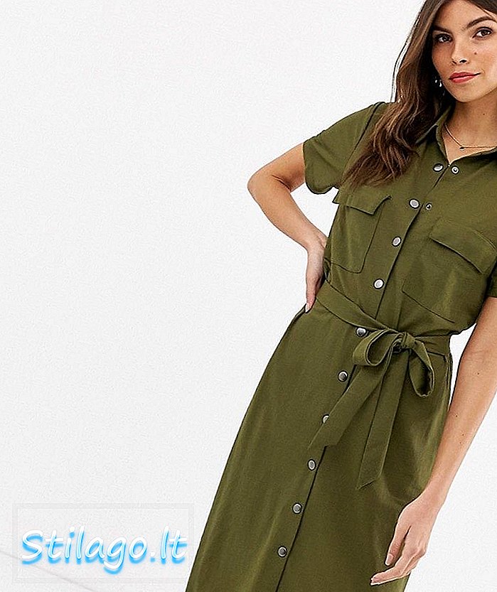 כפתור השירות Vila דרך שמלת חולצת midi בצבע ירוק חאקי