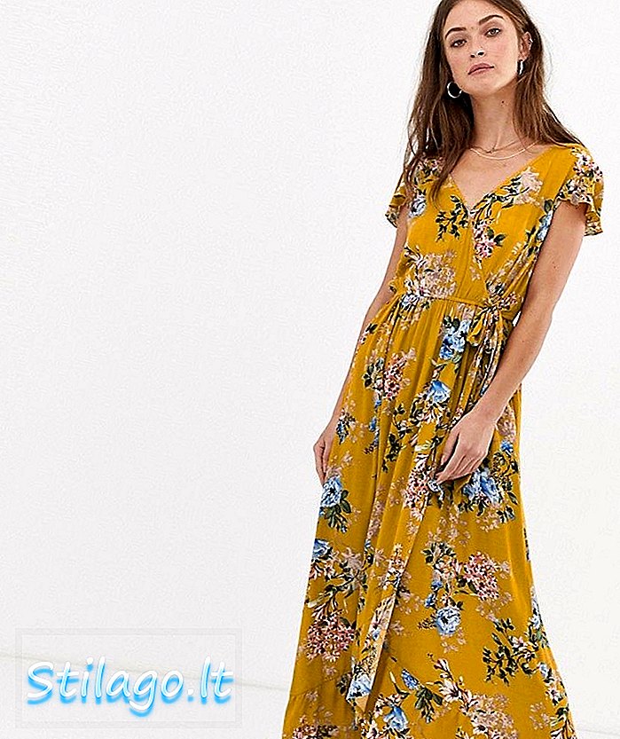 Ζώνη των τσιγγάνων τυλίξτε το μπροστινό φόρεμα maxi σε κίτρινο floral σχέδιο