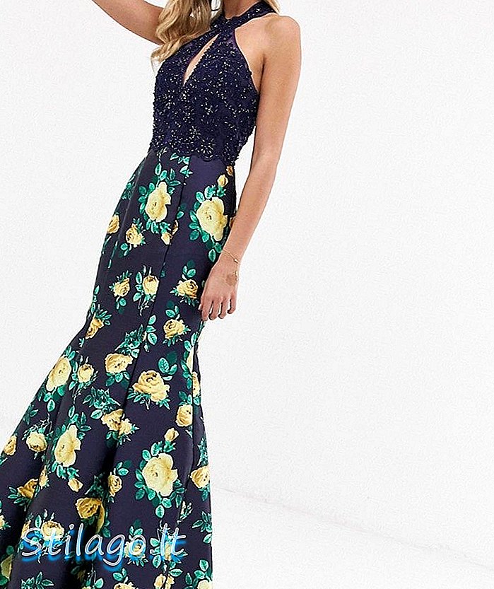 „Jovani“ pailgos kaklo spalvos suknelė su gėlių sijonu-Navy
