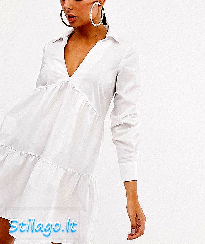 ASOS DESIGN κλιμακωτό βαμβακερό μίνι φόρεμα με μακρύ μανίκι-Λευκό