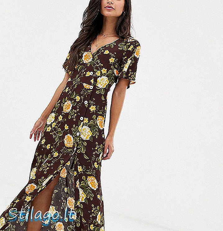 Gaun Miss Selfridge Petite maxi dengan cetakan bunga-Brown