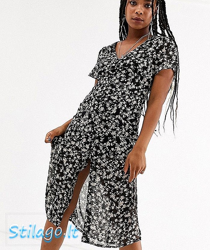 Bershka - Robe mi-longue à col en V et manches courtes à imprimé floral