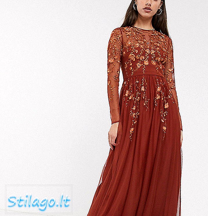 „ASOS DESIGN“ aukštų ilgių rankovių suknelė iš siuvinėto tinklo - ruda
