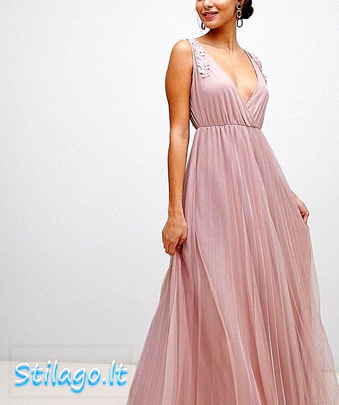 „ASOS DESIGN“ plisuotos „Tulle Maxi“ suknelė su aplikacijomis nėrinių apdaila-rožinė