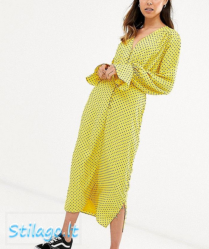 ASOS DESIGN -painikkeen edessä oleva midi-teemekko, aidattu hiha, keltainen spot-Multi