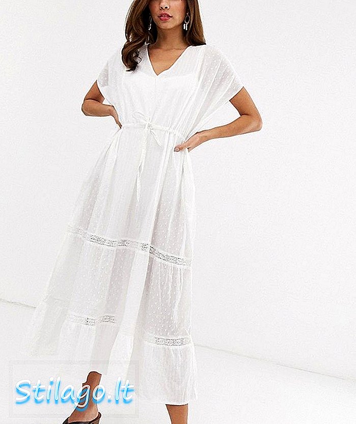 Vila İşlemeli Pamuklu Kaftan Elbise-Beyaz