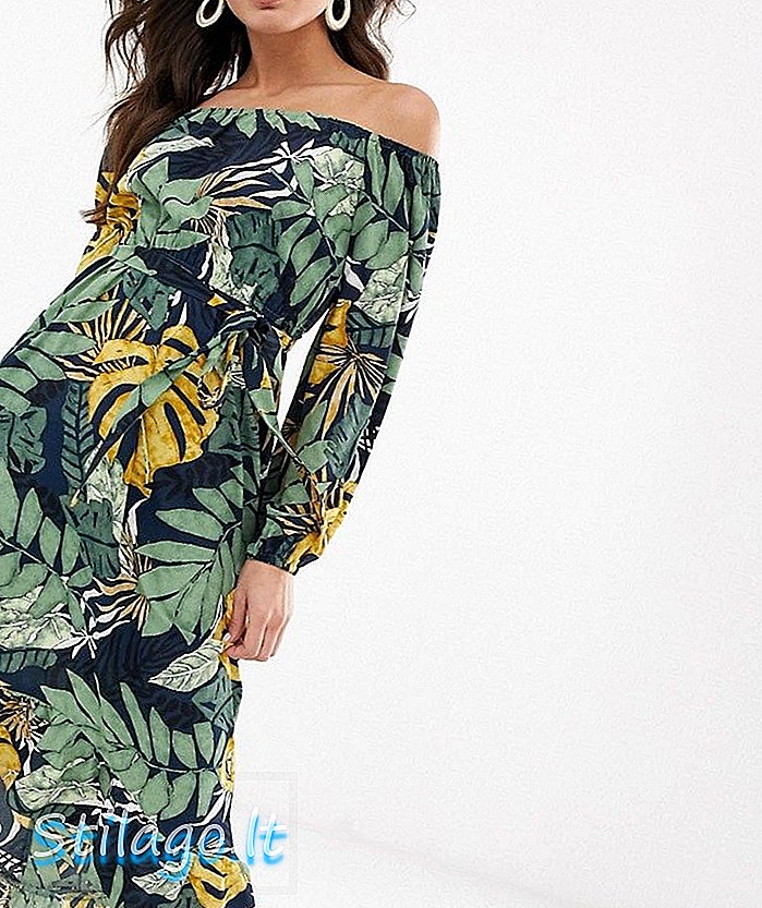 Tropikal plam baskı-Multi lipit bardot midi elbise