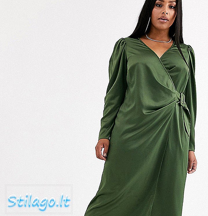 ASOS DESIGN Curve satin wrap maxi šaty s přezkou opasek-Green