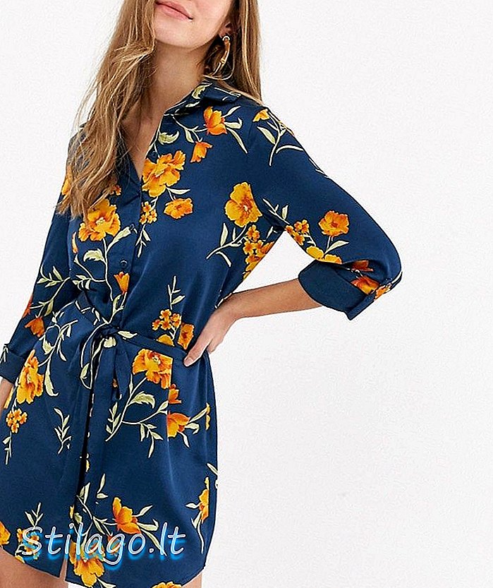 Vestido camisero parisino con lazo de cintura en azul marino floral