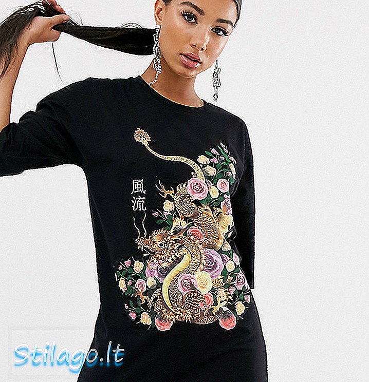 ڈوگن گرافک سیاہ کے ساتھ روکوکو نے بڑے سائز کا ٹی شرٹ لباس پہن لیا
