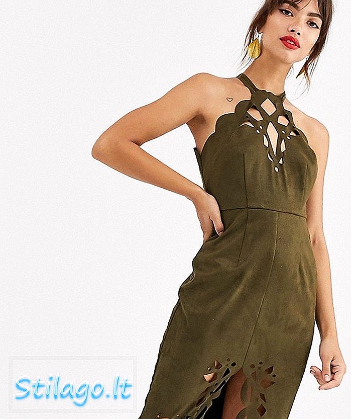 ASOS DESIGN - Vestito midi in suede con dettagli intagliati-Verde