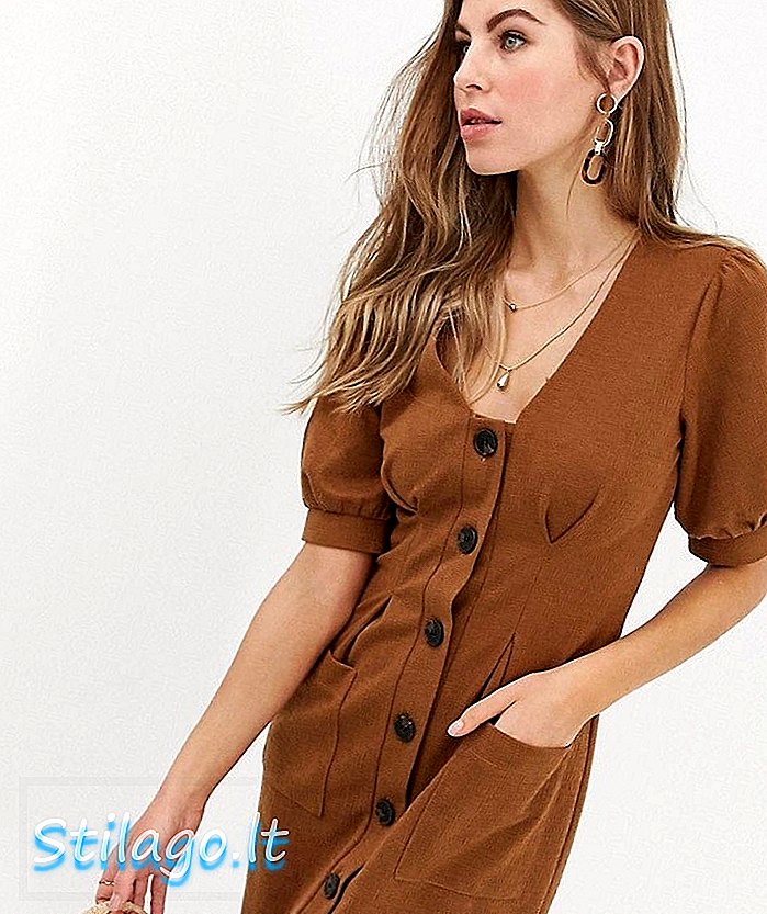 ASOS DESIGN dress puff lengan bertekstur dengan kancing faux-Brown