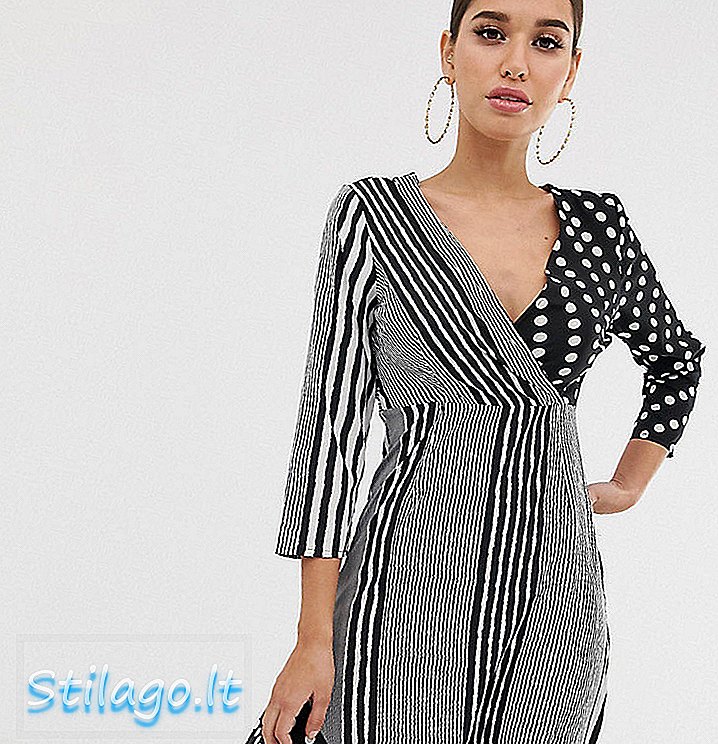 Boohoo smíšené polka dot a pruhované midi šaty v mono-černé