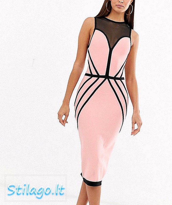 핑크와 블랙 멀티의 Girlcode 대비 붕대 미디 드레스
