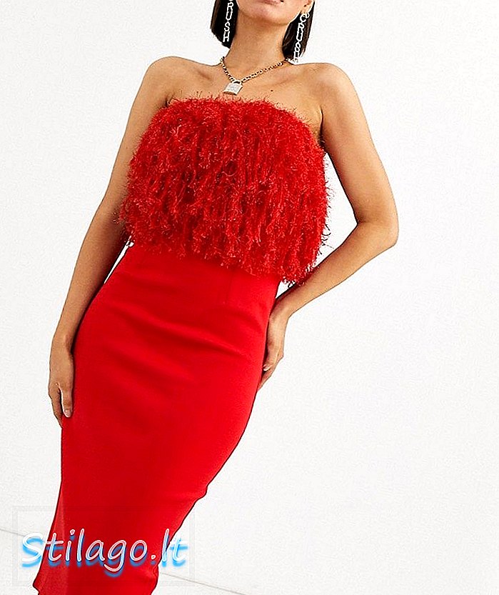 ASOS DESIGN faux feather top bandeau midi dress-red